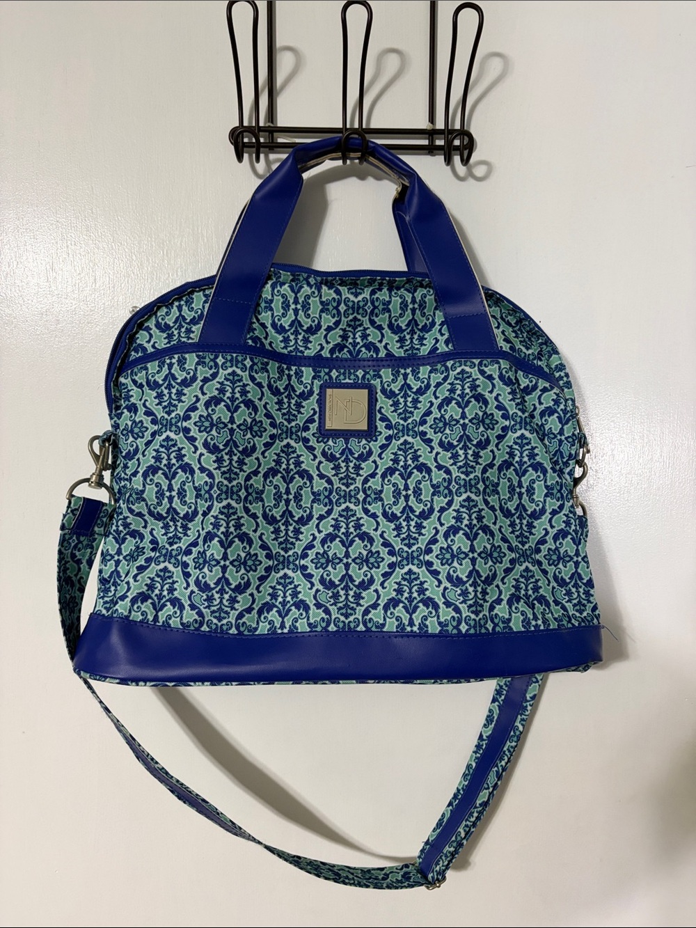 Patterned Blue & Teal Tote Bag with Detachable Strap 17L x 6w  x 14h.